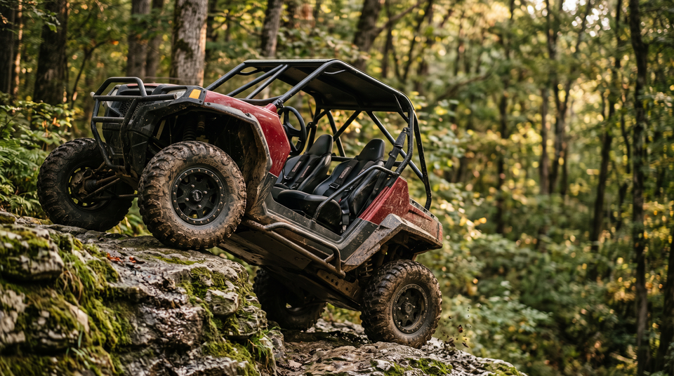 Dark red side-by-side climbing a mossy rock ledge in a hardwood forest, skid plate and A-arm guards visible below
