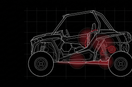 Line diagram of a side-by-side with the belt, radius rods, underbody armor, and harness highlighted in red