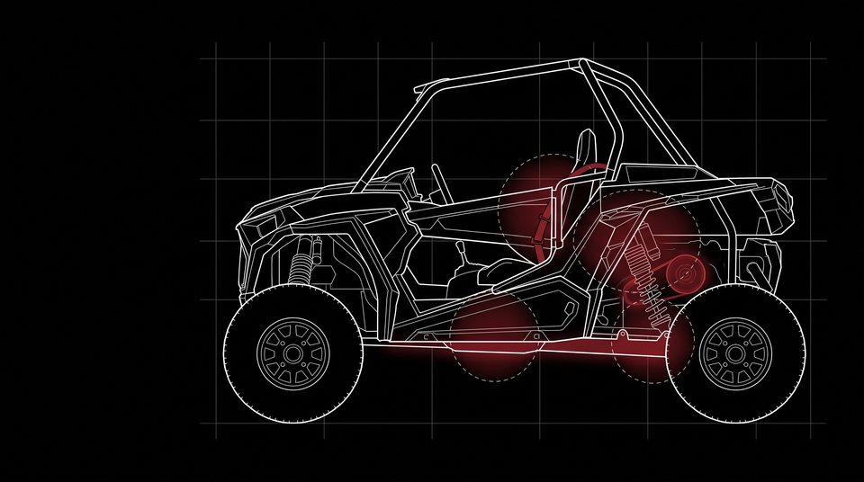 Line diagram of a side-by-side with the belt, radius rods, underbody armor, and harness highlighted in red