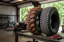 A mud-caked UTV tire and a dust-covered all-terrain UTV tire sit side-by-side on a steel garage workbench next to a torque wrench and a red shop rag
