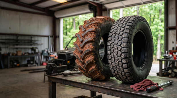 A mud-caked UTV tire and a dust-covered all-terrain UTV tire sit side-by-side on a steel garage workbench next to a torque wrench and a red shop rag
