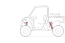 Line drawing of a side-by-side with its coilover shocks and springs highlighted in dark red and a cooler in the bed