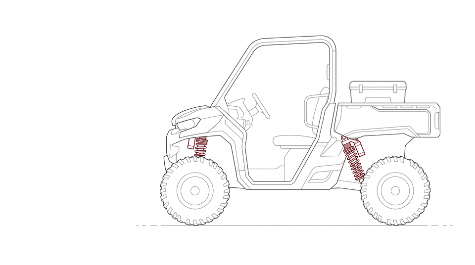 Line drawing of a side-by-side with its coilover shocks and springs highlighted in dark red and a cooler in the bed
