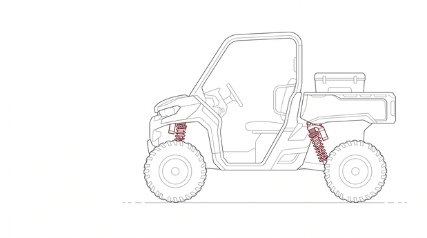 Line drawing of a side-by-side with its coilover shocks and springs highlighted in dark red and a cooler in the bed