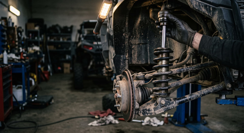 Gloved hand on a UTV coilover shock on a lift, oil and dust streaked down the body onto the spring