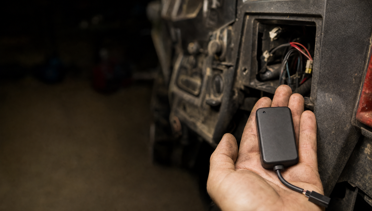 Small black GPS tracking module held in a hand in front of an open UTV dash wiring bay