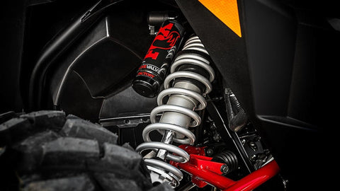 UTV suspension coilover shock absorber and off-road tire close-up