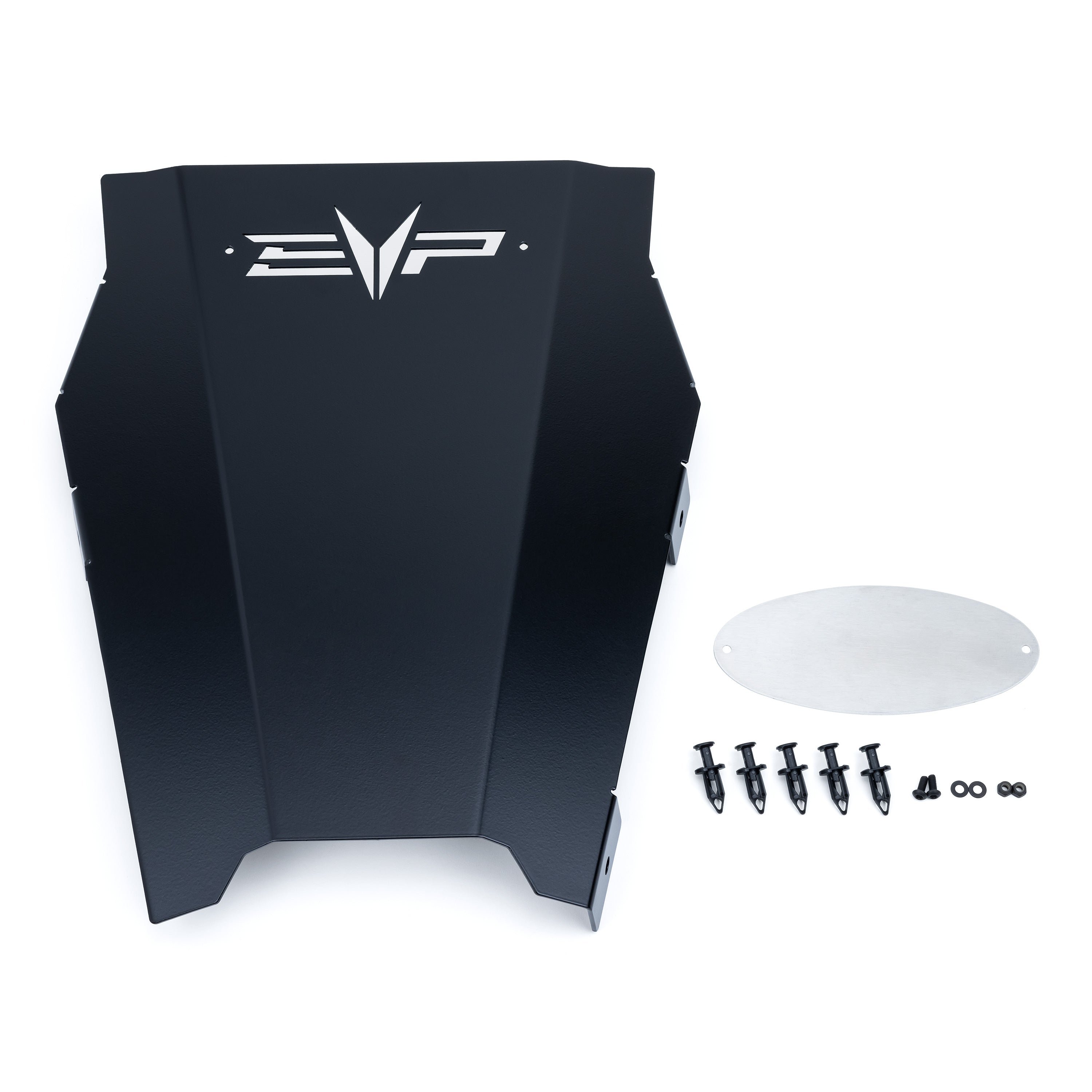EVP Engine Access Panel for Can-Am Maverick R — black panel with raw backer plate