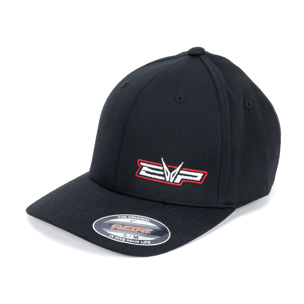 Black EVP Peek fitted baseball hat with red-outlined EVP logo; sizes S/M and L/XL