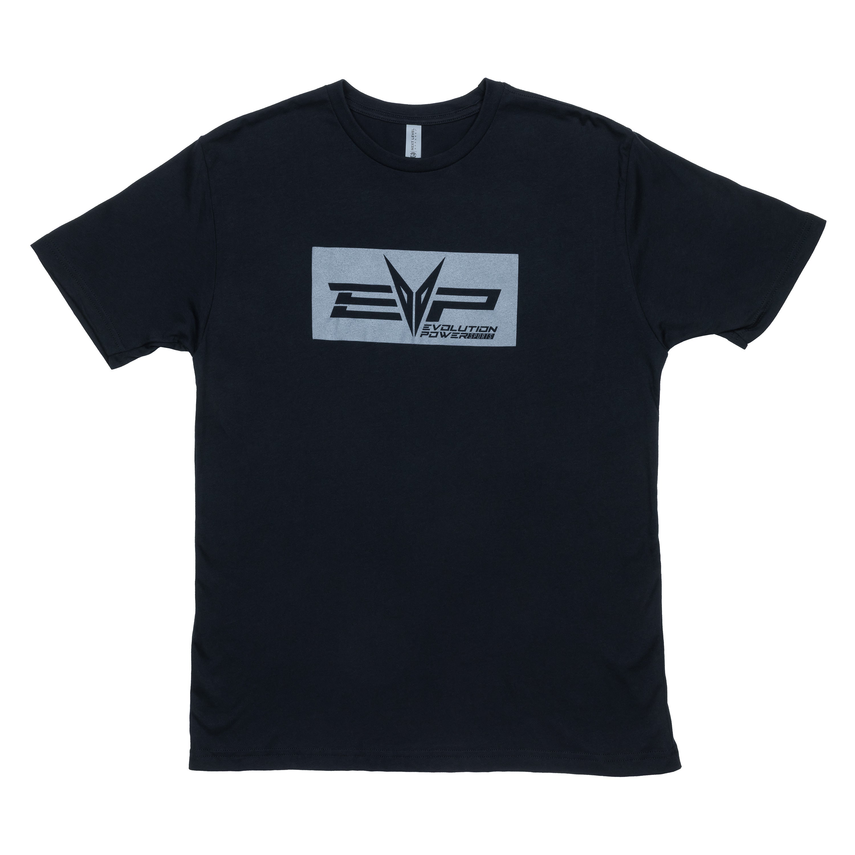 Black t-shirt with centered EVP reverse logo on front