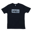 Black t-shirt with centered EVP reverse logo on front