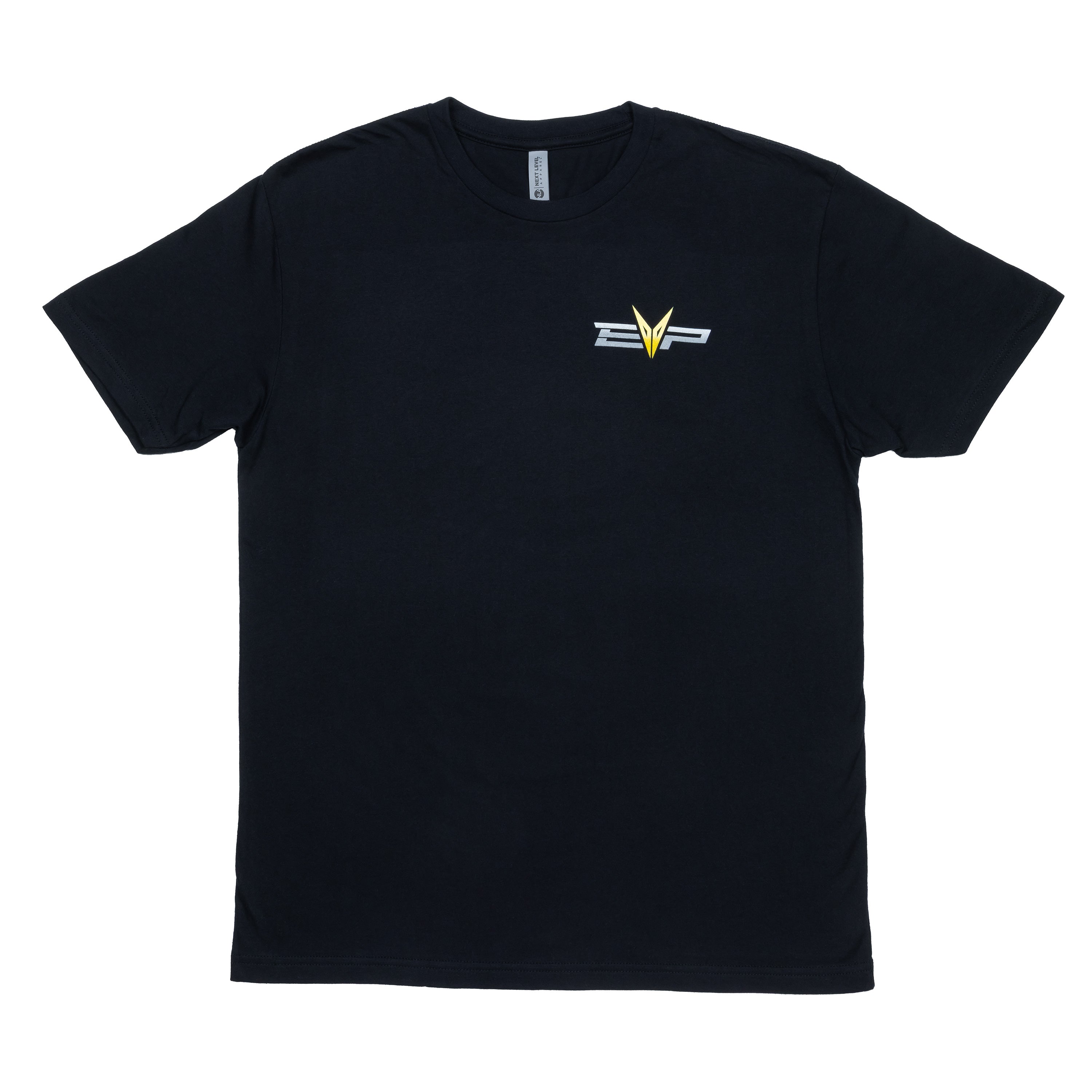 Black Turbo Skull T-Shirt with EVP logo on front left chest and turbo skull graphic on back