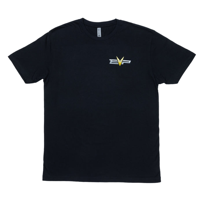 Black Turbo Skull T-Shirt with EVP logo on front left chest and turbo skull graphic on back