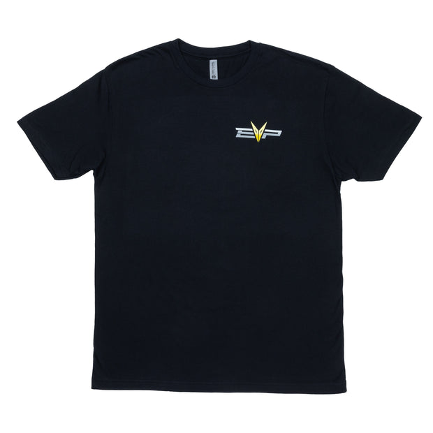 Black Turbo Skull T-Shirt with EVP logo on front left chest and turbo skull graphic on back