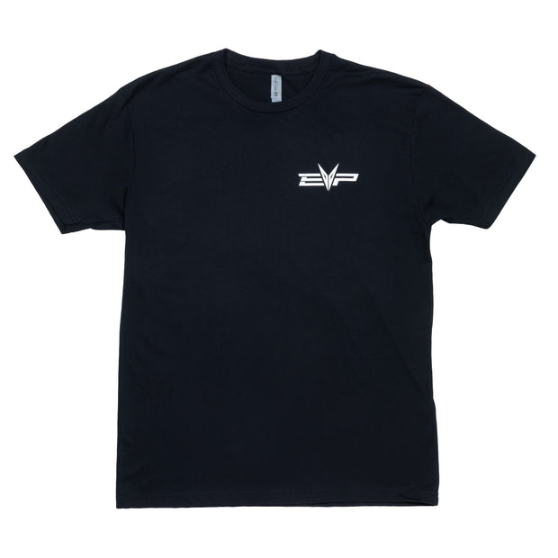 Black T-shirt with EVP logo on front left chest and large Badass logo on back
