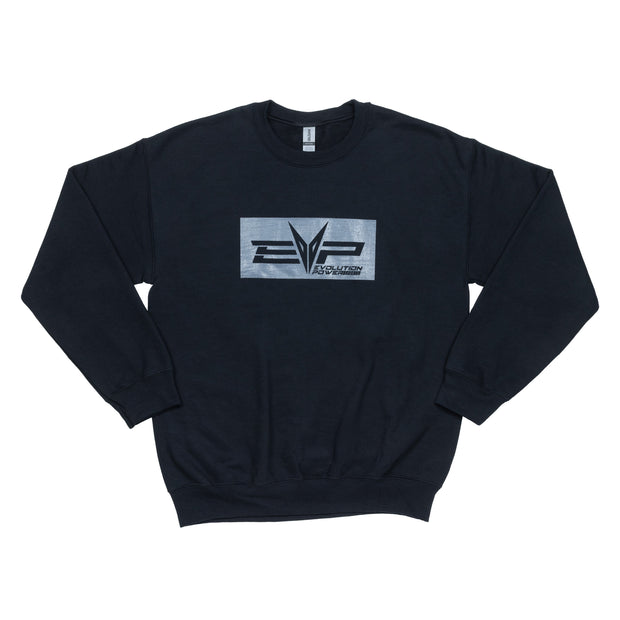 Reverse EVP logo on black crewneck