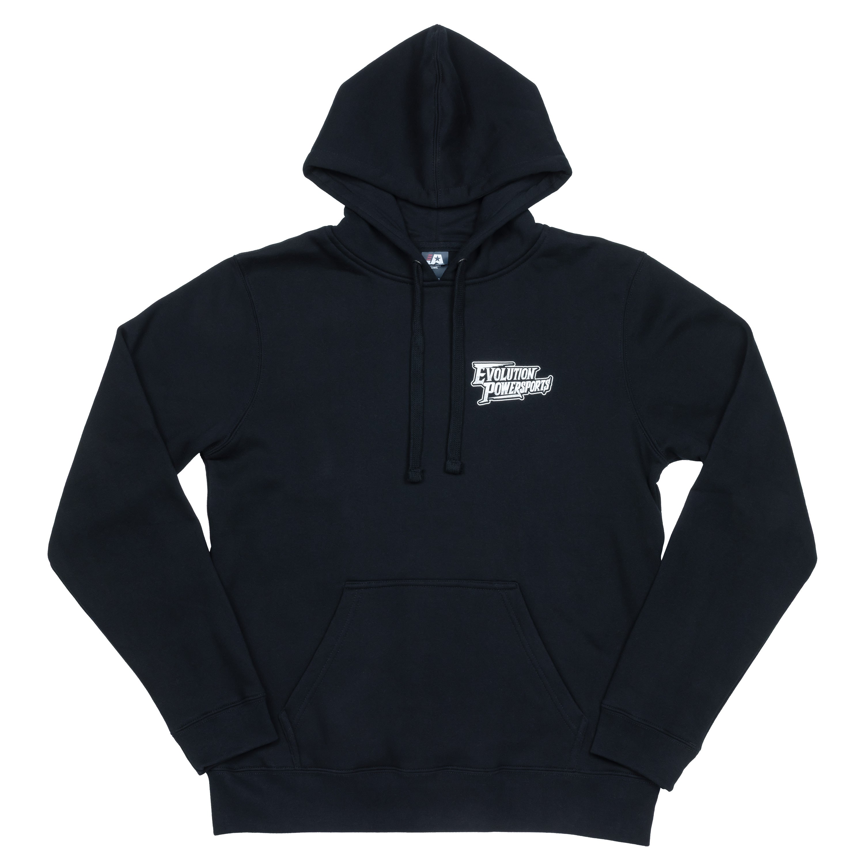 Black We Raise Winners hoodie with Evolution Powersports logo on front left chest and retro race design on back