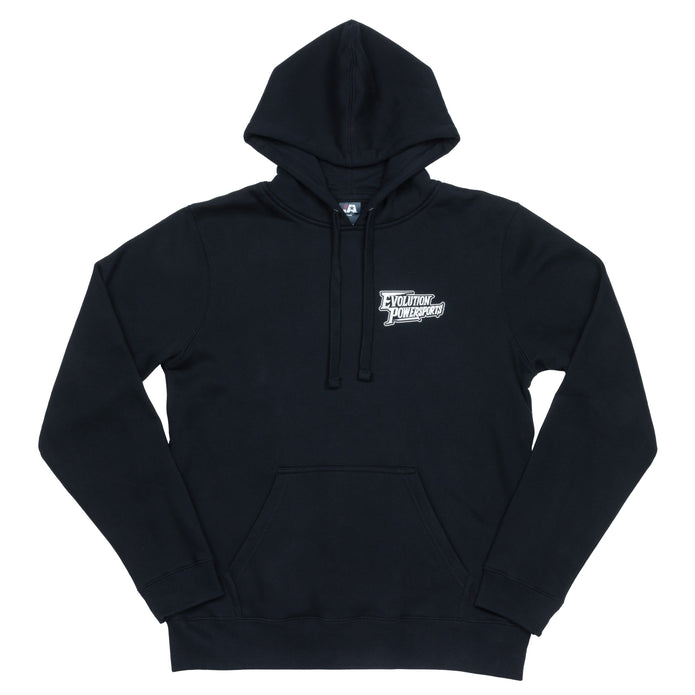 Black We Raise Winners hoodie with Evolution Powersports logo on front left chest and retro race design on back