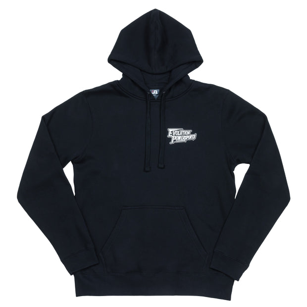Black We Raise Winners hoodie with Evolution Powersports logo on front left chest and retro race design on back