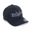 EVP Stealth Black Hydro Peek fitted baseball hat with center-stitched EVP logo, available S/M and L/XL