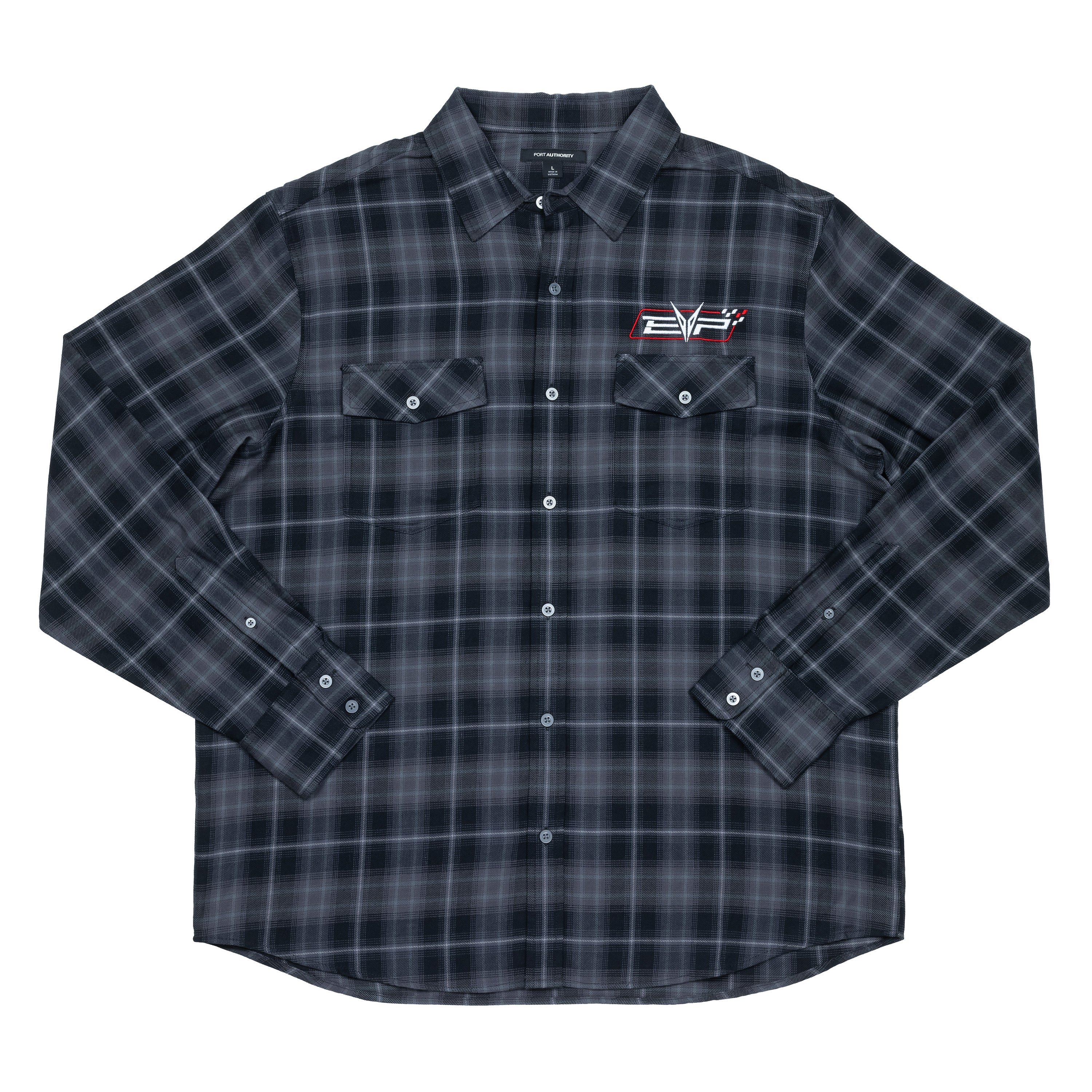 Gray flannel shirt with EVP Shift logo on the front left chest