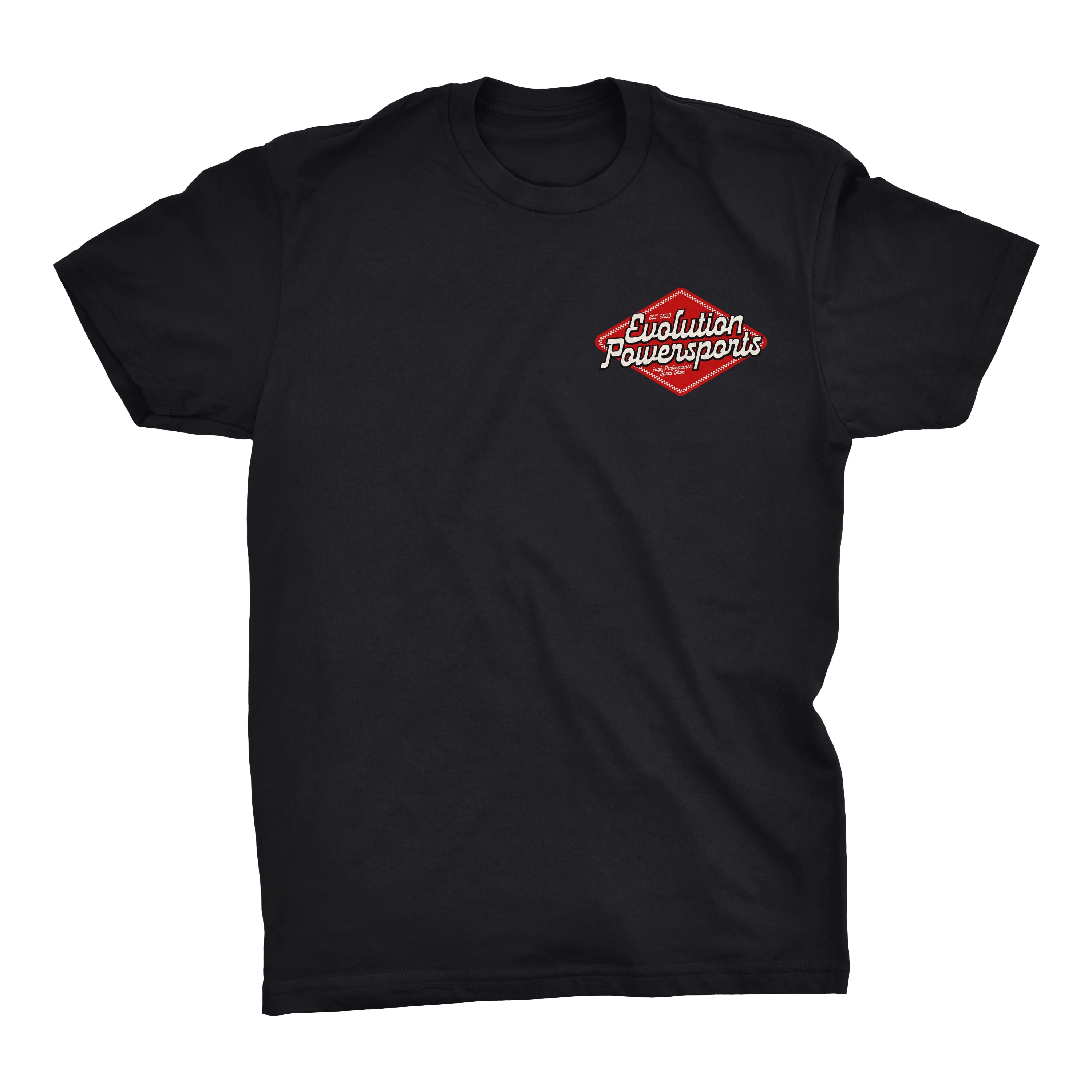 Black Heritage Speed Shop T-shirt with Evolution Powersports logo on front and back