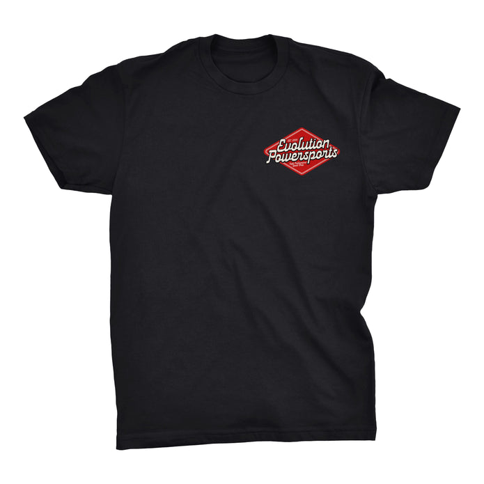 Black Heritage Speed Shop T-shirt with Evolution Powersports logo on front and back