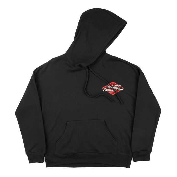 EVP Heritage Speed Shop hoodie — black with retro logo on front and back