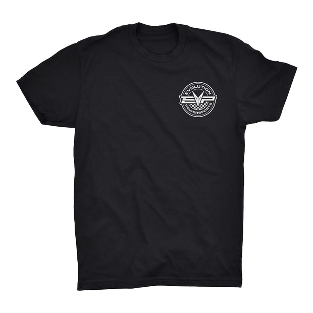 EVP Checkered Race T-Shirt in black or green with logo on front and back