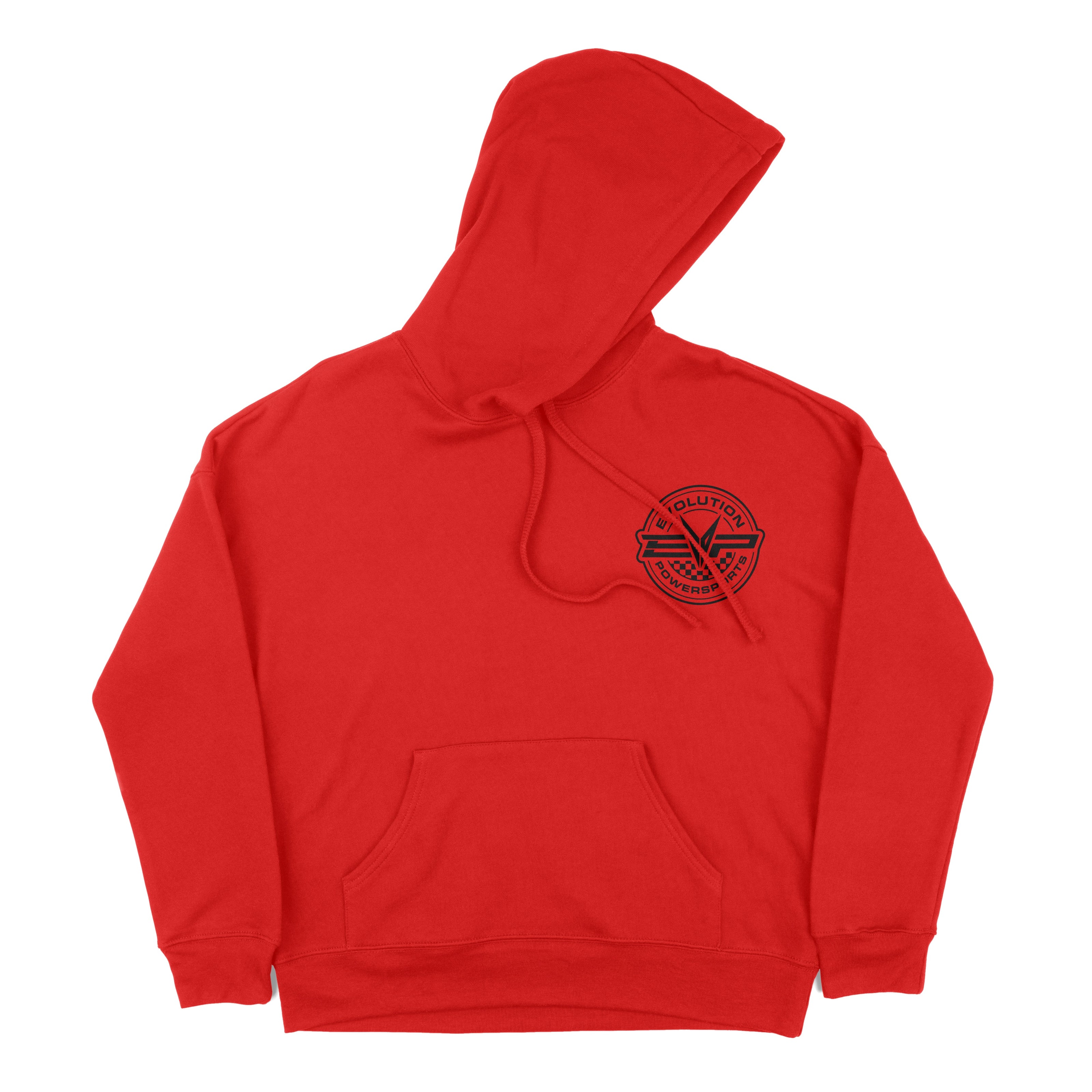 EVP Checkered Race hoodie — black or EVP red, logo on front and back