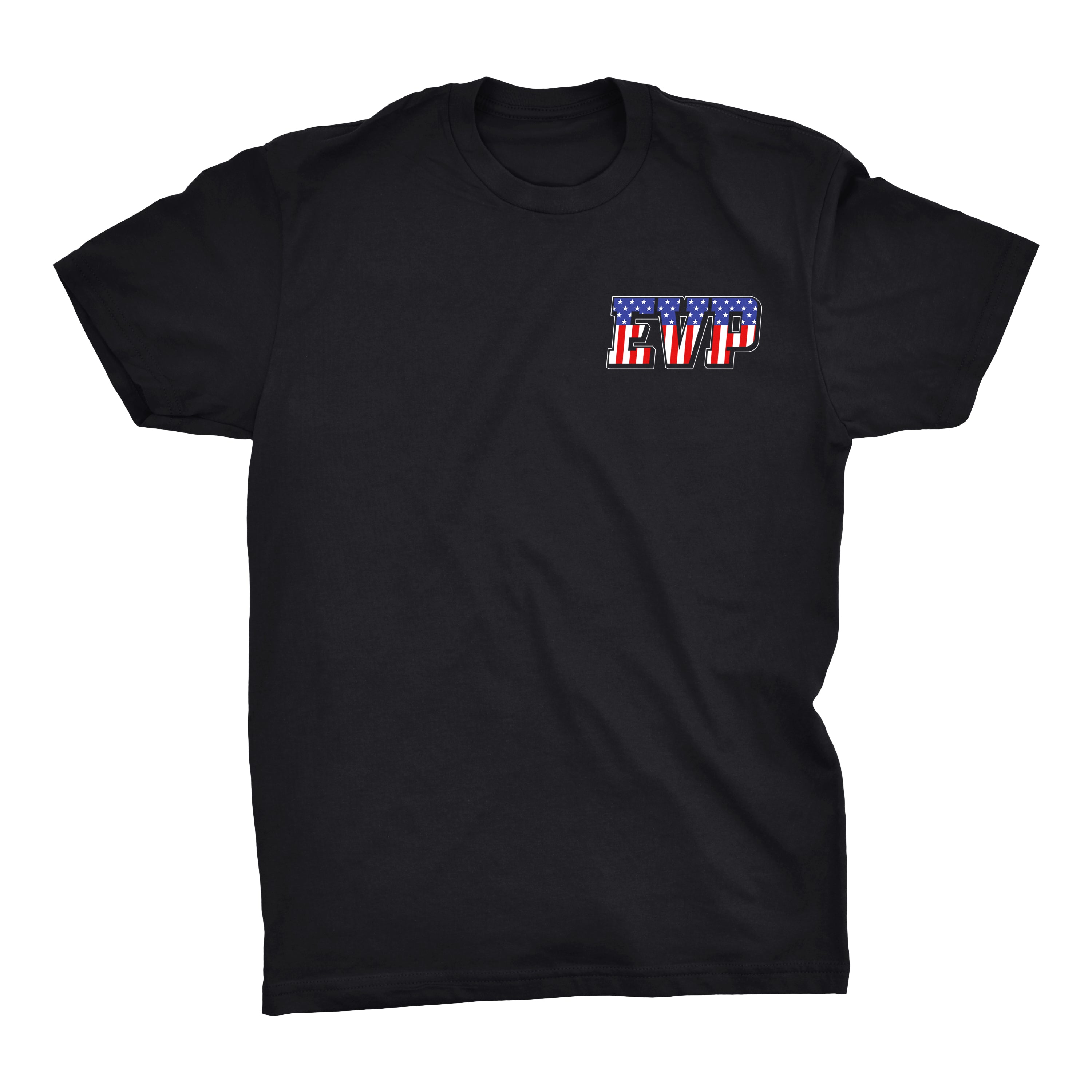 EVP Patriot T-Shirt - American flag style with EVP logos front and back (Black or Gray)