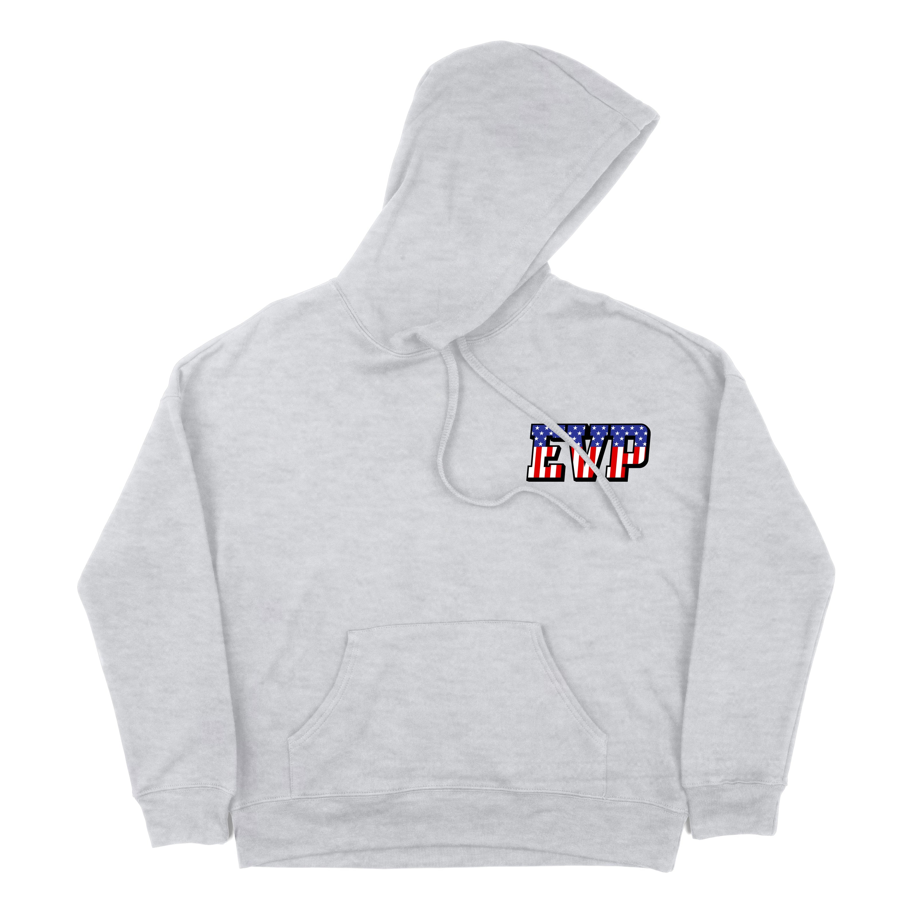 Gray EVP hoodie with American Flag styling and front and back logos