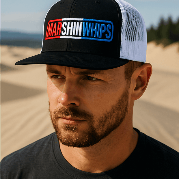 Marshin Whips Snap Back Hat – Red/White/Blue Flat Bill Off-Road Hat